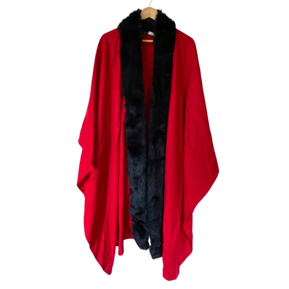 SUSAN LUCCI Red Wool Blend Cape with Black Faux Fur Trim OS Excellent Condition